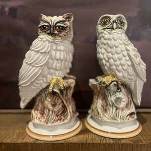 Vintage Hand-Painted PAIR of OWLS Figurine Statue Majolica ITALY Art Pottery 10"